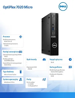 Dell Komputer Optiplex MFF/Core i5-14500T/16GB/256GB SSD/Integrated/WLAN + BT/Kb/Mouse/W11Pro