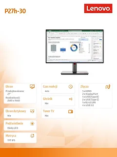 Lenovo Monitor ThinkVision P27h-30 27 cali  63A1GAT1EU