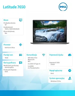 Dell Notebook Latitude 7650 Win11Pro Ultra 5 135U/16GB/512GB SSD Gen4/16 FHD+/Int/FgrPr&SmtCd/FHD/IR Cam/Mic/WWANready+BT/Backlit Kb/3C/vPro/3YPS