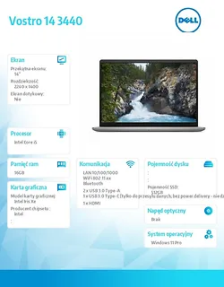 Dell Notebook Vostro 14 (3440) Win11Pro i5-1334U/16GB/512GB SSD/14 2.2K/Intel Iris Xe/FgrPr/Cam & Mic/WLAN + BT/Backlit Kb/3 Cell/3YPS