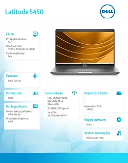 Dell Notebook Latitude 5450 Win11Pro i5-1335U/8GB/512GB SSD Gen4/14.0' FHD/Intel Iris Xe/FgrPr&SmtCd/FHD/IR Cam/Mic/WLAN+BT/Backlit Kb/3C/3YPS