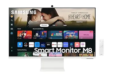 Samsung Monitor 32 cale SMART M80D VA 3840x2160 UHD 16:9 1xHDMI 1xUSB-C (65W) 2xUSB 2.0 4ms WiFi/BT HAS+PIV Webcam głośniki płaski biały 2Yd2d