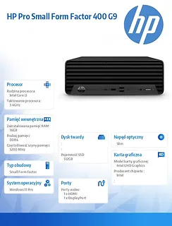 HP Inc. Komputer stacjonarny Pro Small Form Factor 400 G9 i3-13100 512GB/16GB/DVD/W11P  99N73ET