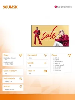 LG Electronics Monitor wielkoformatowy 98UM5K 98 cali UHD IPS 500cd/m2 16/7