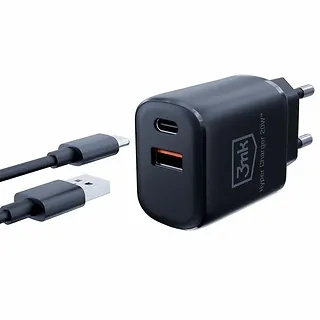 3MK Ładowarka sieciowa 20W 1xUSB-C +USB-A PD QC bez kabla Czarna