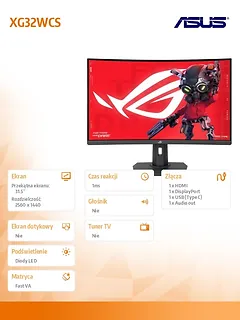 Asus Monitor 32 cale XG32WCS ROG S 180Hz DP HDMI USB-C