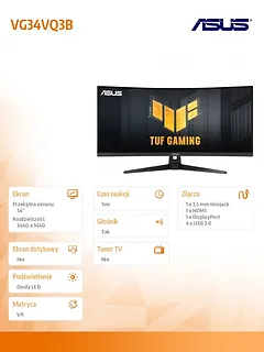 Asus Monitor 34 cale VG34VQ3B WQHD 180Hz DP HDMI TUF 1500R