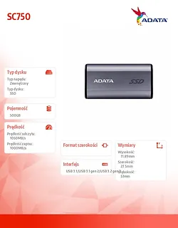 Adata Dysk zewnętrzny SSD SC750 500G USB3.2C 1050/1000 MB/s