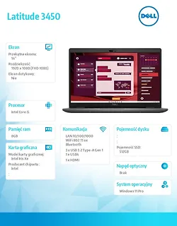 Dell Notebook Latitude 3450 Win11Pro i5-1335U/8GB/512GB SSD Gen4/14.0 FHD/Integrated/FgrPr/FHD/IR Cam/Mic/WLAN + BT/Backlit Kb/3 Cell/3YPS