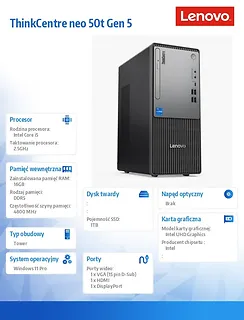 Lenovo Komputer ThinkCentre Neo 50t G4 TWR 12UD000YPB W11Pro i5-14400/16GB/1TB/INT/3YRS OS