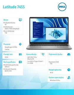 Dell Notebook Latitude 7455 Win11Pro Snapdragon X Elite 12C 32GB/1TB SSD Gen4/14.0 QHD+ Touch/UMA GPU/FgrPr/FHD/IR Cam/Mic/WLAN+BT/BcklKb/3C/3YPS