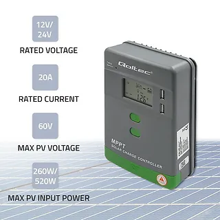 Qoltec Solarny regulator ładowania MPPT z czujnikiem temperatury  20A | 12V / 24V | LCD | 2 x USB