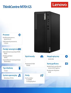 Lenovo Komputer ThinkCentre M70t G5 Tower 12U60004PB W11Pro i7-14700/16GB/512GB/INT/DVD/vPro/3YRS OS