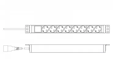 Digitus Listwa zasilająca PDU 19" Rack, 8x gniazdo ze stykami ochronnymi unischuko 16A/230V, 1x wtyczka IEC C20, 16A, przewód zasilający 2 m, Aluminiowa