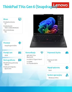 Lenovo Ultrabook ThinkPad T14s G6 21N10008PB W11Pro X1E-78-100/32GB/1TB/14 cali WUXGA/Black/3YR Premier Support + CO2 Offset