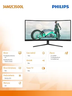 Philips Monitor 34M2C3500L 34 cale Curved VA 180Hz HDMIx2 DPx2