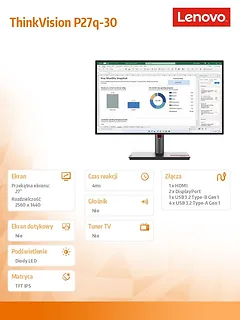 Lenovo Monitor 27 cali ThinkVision P27q-30 WLED LCD 63A2GAT1EU