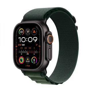 Apple Watch Ultra 2 GPS + Cellular, koperta 49 mm z tytanu w kolorze czarnym z opaską Alpine S w kolorze ciemnozielonym