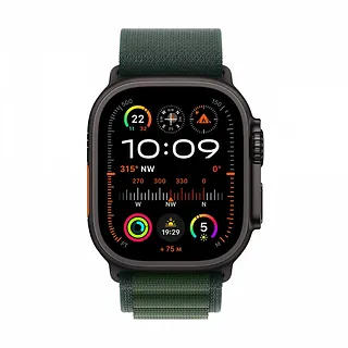 Apple Watch Ultra 2 GPS + Cellular, koperta 49 mm z tytanu w kolorze czarnym z opaską Alpine S w kolorze ciemnozielonym