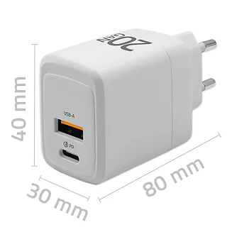 Qoltec Ładowarka sieciowa 20W GaN | 5-20V | 1.5-3A | 1xUSB-C PD | 1xUSB QC 3.0 | Biała