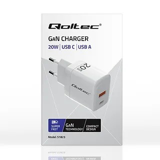 Qoltec Ładowarka sieciowa 20W GaN | 5-20V | 1.5-3A | 1xUSB-C PD | 1xUSB QC 3.0 | Biała