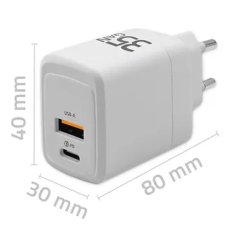 Qoltec Ładowarka sieciowa 35W GaN | 5-20V | 1.5-3A | 1xUSB-C PD | 1xUSB QC 3.0 | Biała