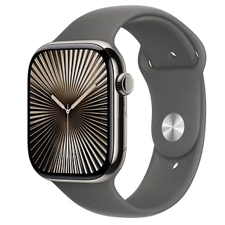 Apple Watch Series 10 GPS + Cellular, koperta 46 mm z tytanu w kolorze naturalnym z paskiem sportowym w kolorze górskiej szarości - rozmiar S/M