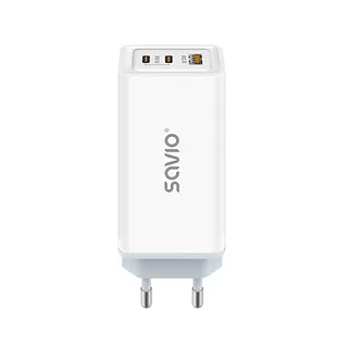 Savio Ładowarka sieciowa 65W GaN LA-07 z kablem USB-A-USB typ C 1m, biała