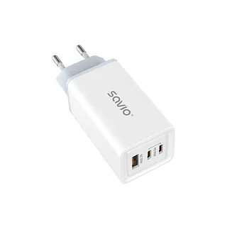 Savio Ładowarka sieciowa 65W GaN LA-07 z kablem USB-A-USB typ C 1m, biała