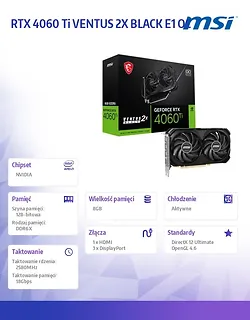 MSI Karta graficzna RTX 4060 Ti VENTUS 2X BLACK E1 OC 8GB GDDR6 128bit