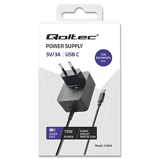 Qoltec Ładowarka Super FAST PD for Raspberry PI 4 | USB-C | 15W | 5V |  3A | Czarna