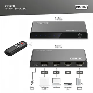 Digitus Przełącznik/Switch 4K HDMI 3x1, 60Hz HDCP 2.3, pilot, Czarny