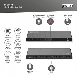 Digitus Przełącznik/Switch 4K HDMI 5x1, 60Hz HDCP 2.3, pilot, Czarny