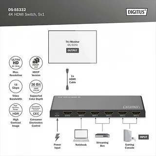 Digitus Przełącznik/Switch 4K HDMI 5x1, 60Hz HDCP 2.3, pilot, Czarny