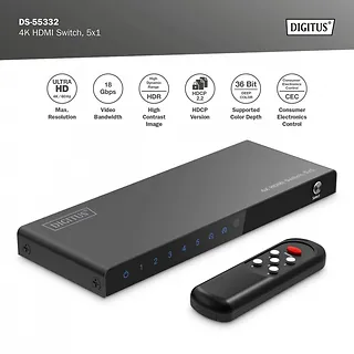 Digitus Przełącznik/Switch 4K HDMI 5x1, 60Hz HDCP 2.3, pilot, Czarny