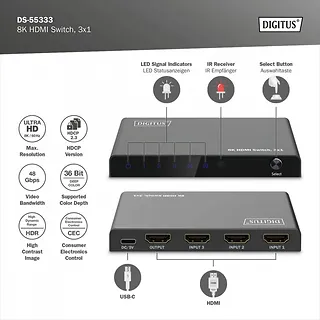 Digitus Przełącznik/Switch 8K HDMI 3x1, 60Hz (4:4:4), HDR, HDCP 2.3, pilot, Czarny