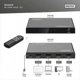 Digitus Przełącznik/Switch 8K HDMI 3x1, 60Hz (4:4:4), HDR, HDCP 2.3, pilot, Czarny