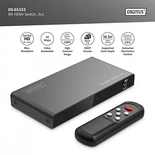 Digitus Przełącznik/Switch 8K HDMI 3x1, 60Hz (4:4:4), HDR, HDCP 2.3, pilot, Czarny