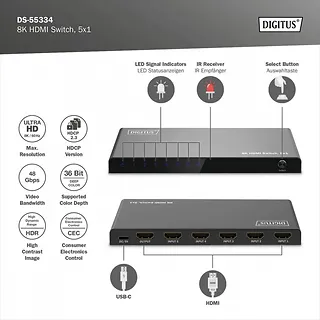 Digitus Przełącznik/Switch 8K HDMI 5x1, 60Hz (4:4:4), HDR, HDCP 2.3, pilot, Czarny