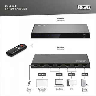 Digitus Przełącznik/Switch 8K HDMI 5x1, 60Hz (4:4:4), HDR, HDCP 2.3, pilot, Czarny