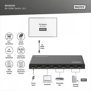 Digitus Przełącznik/Switch 8K HDMI 5x1, 60Hz (4:4:4), HDR, HDCP 2.3, pilot, Czarny