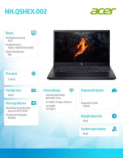 Acer Laptop Gaming Nitro V ANV15-41-R1X4 Ryzen 5 7535HS 15.6 FHD  IPS 144Hz 16GB 512GB GeForce RTX 3050 6GB No OS