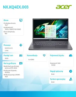 Acer Laptop Aspire 5 A515-58GM-588E I5-13420H 15,6 FHD IPS 16GB  512GB SSD RTX 2050 4GB DOS