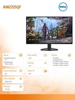 Dell Monitor AW2725QF 27.0 cali NVIDIA G-Sync Compatible IPS Dual-Resolution/4K 180Hz/FHD 360Hz/16:9/DP/HDMI/USBC/USB/3Y