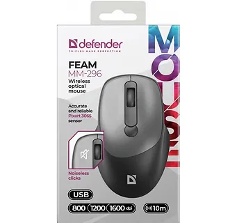 Defender Mysz bezprzewodowa silent click FEAM MM-296 RF 1600 DPI Szara