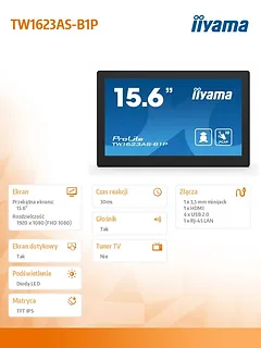 IIYAMA Monitor 16 cali TW1623AS-B1P,10P.DOT.IPS,ANDROID13,WIFI,24/7,RJ45,   HDMI,3xUSB