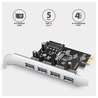 AXAGON PCEU-430RS Kontroler PCIe 4x port USB 3.2 GEN 1, UASP, chipset  Renesas, 15-pin SATA zasilacz