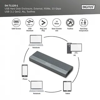 Digitus Obudowa USB 3.1 Typ C na dysk SSD M.2 NVMe 10 Gbps aluminiowa, beznarzędziowa