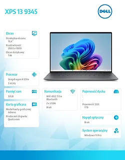 Dell Notebook XPS 13 9345 Win11Pro XELITE12C/32GB/1TB/13.4 OLED Touch/UMA GPU/FgrPr/FHD/IR Cam/Mic/WLAN + BT/Backlit Kb/3 Cell/3Y Basic