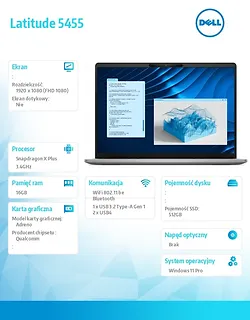 Dell Notebook Latitude 5455 Win11Pro Snapdragon X Plus 10C 16GB/512GB SSD Gen4/14.0 FHD/Integrated/FgrPr/FHD/IR Cam/Mic/WLAN+BT/Backlit Kb/3C/3YPS